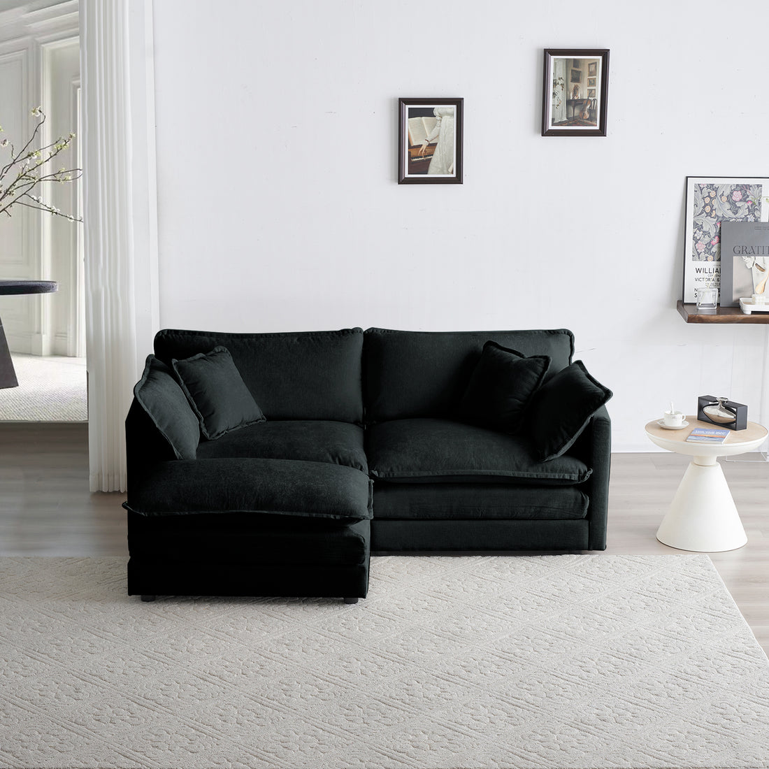Chenille Two Seater Sofa With 1 Footrest, 2 Seater L Shaped Sectional With Ottoman,Loveseat With Ottoman For Small Living Space, Black Chenille Black Chenille 2 Seat