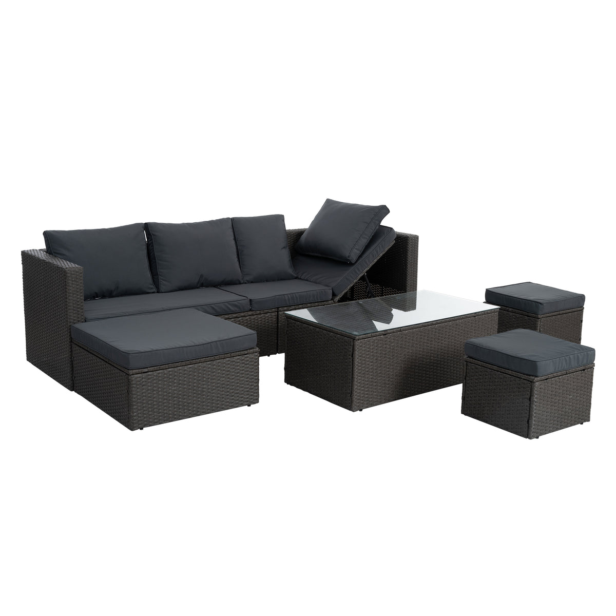 Patio Furniture, Outdoor Furniture, Seasonal Pe Wicker Furniture,7 Pcs Set Wicker Furniture With Lounger Sofa Yes Dark Gray Seats 6 Pe Rattan Iron Waterproof Fabric
