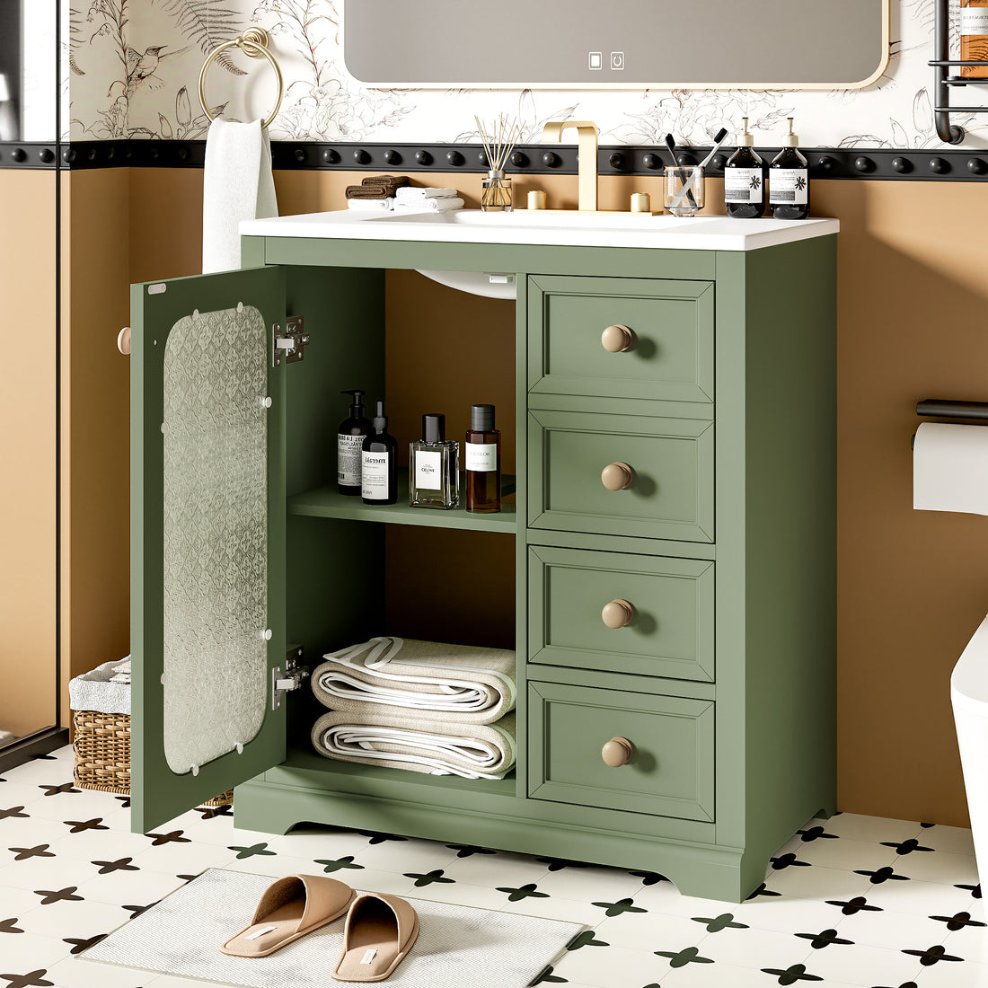 30 Inch Bathroom Vanity With A Soft Close Glass Door, Adjustable Shelves, And Three Drawers Green Bathroom Solid Wood Mdf Glass