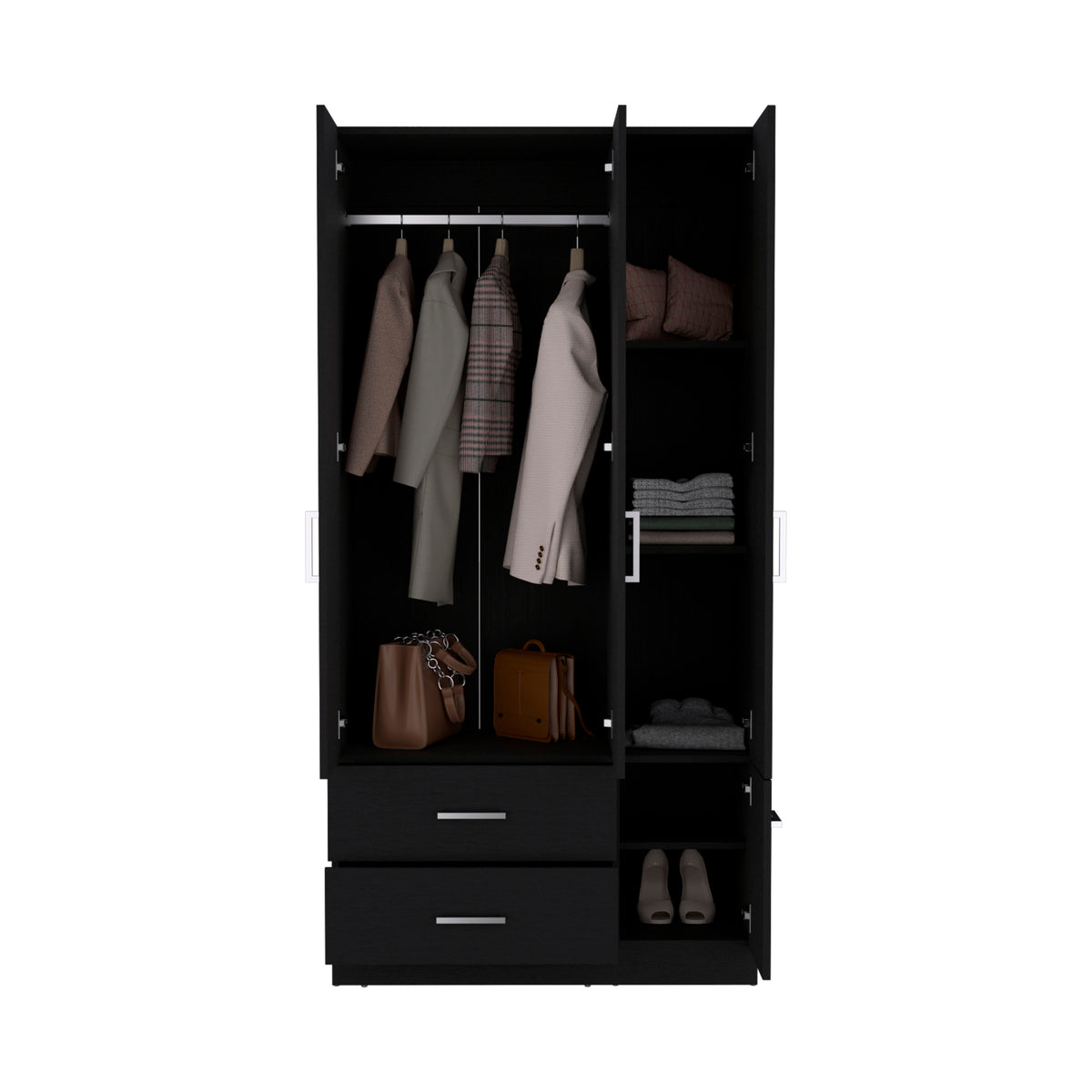 Sebree 71" High Armoire Wardrove Closet With 2 Drawers, Four Doorsthree Cabinetsix Shelves And Hanging Rod, Bedroom Clothes Storage Cabinet Organizer Black Black Particle Board