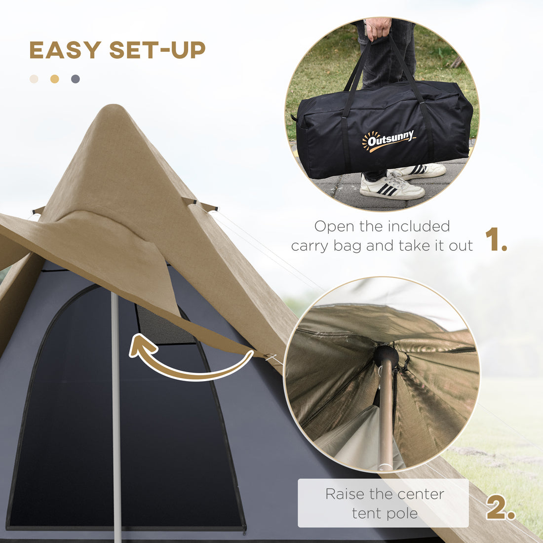 Outsunny 15.4'X15.4'X8.5' Teepee Tent, Waterproof Camping Tent With Porch Area, Floor And Carry Bag, For 2 3 Person Outdoor Backpacking Camping Hiking, Coffee Coffee Fabric