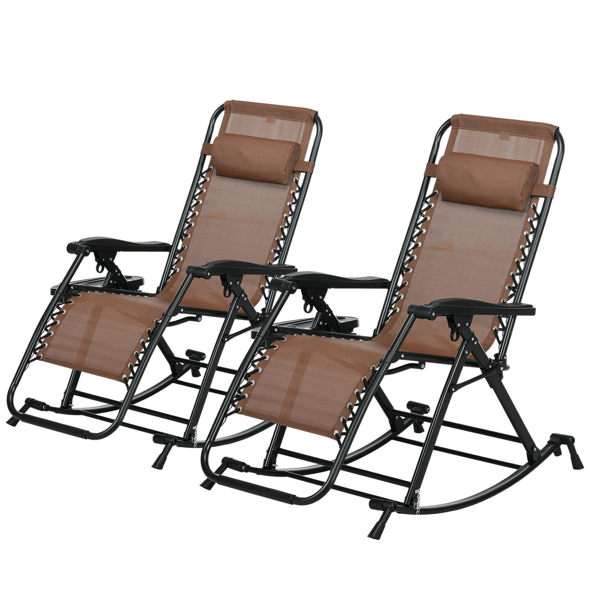 Outsunny Set Of 2 Outdoor Rocking Chairs, Foldable Reclining Zero Gravity Lounge Rocker With Pillow, Cup & Phone Holder, Combo Design With Folding Legs, Brown Brown Fabric Metal