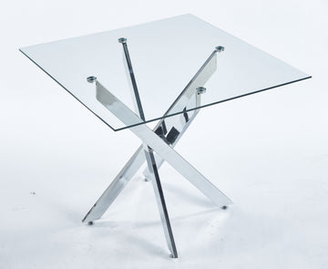 Dining Table With Cross Metal Leg And Tempered Glass,Modern Space Saving Kitchen Table For Living Room,Chrome Legssquare Table,90X90X75Cm Chrome Glass Metal
