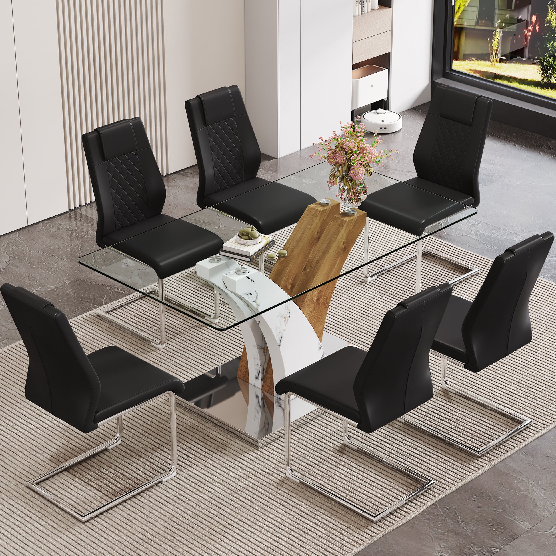 Table And Chair Set.Modern Dining Table, Tempered Glass Countertop With Artistic Mdf Legs.Paried With 6 Comfortable Chairs With Pu Seats And Metal Legs. Suitable For Various Decoration Styles. Black,Transparent Seats 6 Mdf Glass