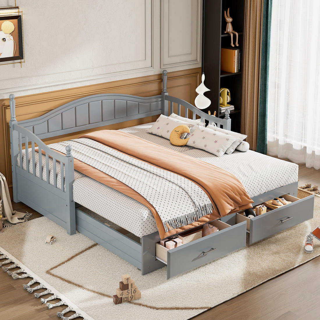 Wooden Twin Size Daybed With Twin Size Trundle, Extendable Daybed With Two Storage Drawers,Gray Expected Arrival Time:9.12 Twin Gray Wood