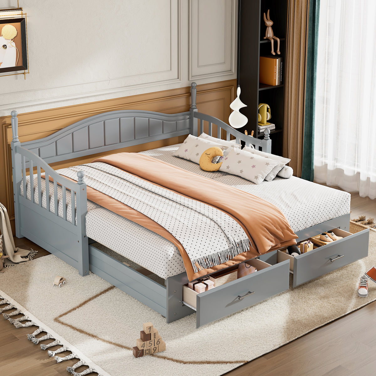 Wooden Twin Size Daybed With Twin Size Trundle, Extendable Daybed With Two Storage Drawers,Gray Expected Arrival Time:9.12 Twin Gray Wood