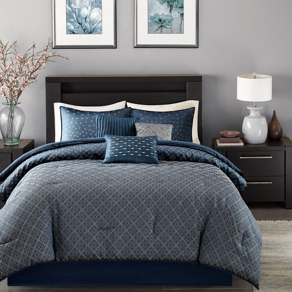 7 Piece Jaquard Comforter Set Navy Queen Queen Navy Polyester