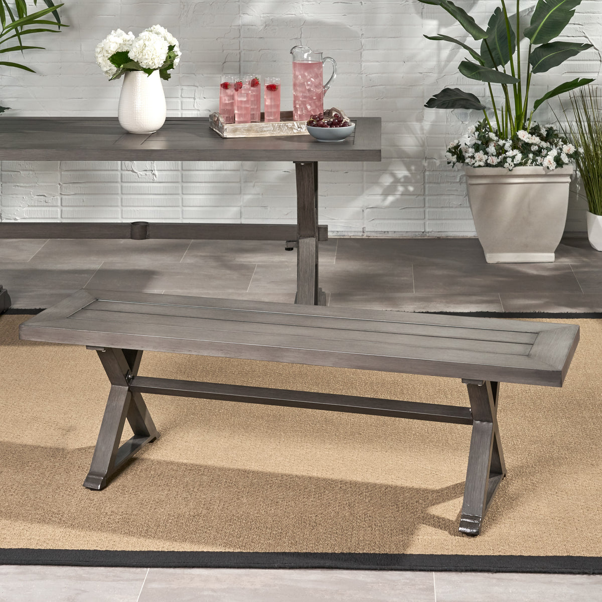 Modern Outdoor Aluminum Dining Bench, Dark Gray Dark Gray Aluminium
