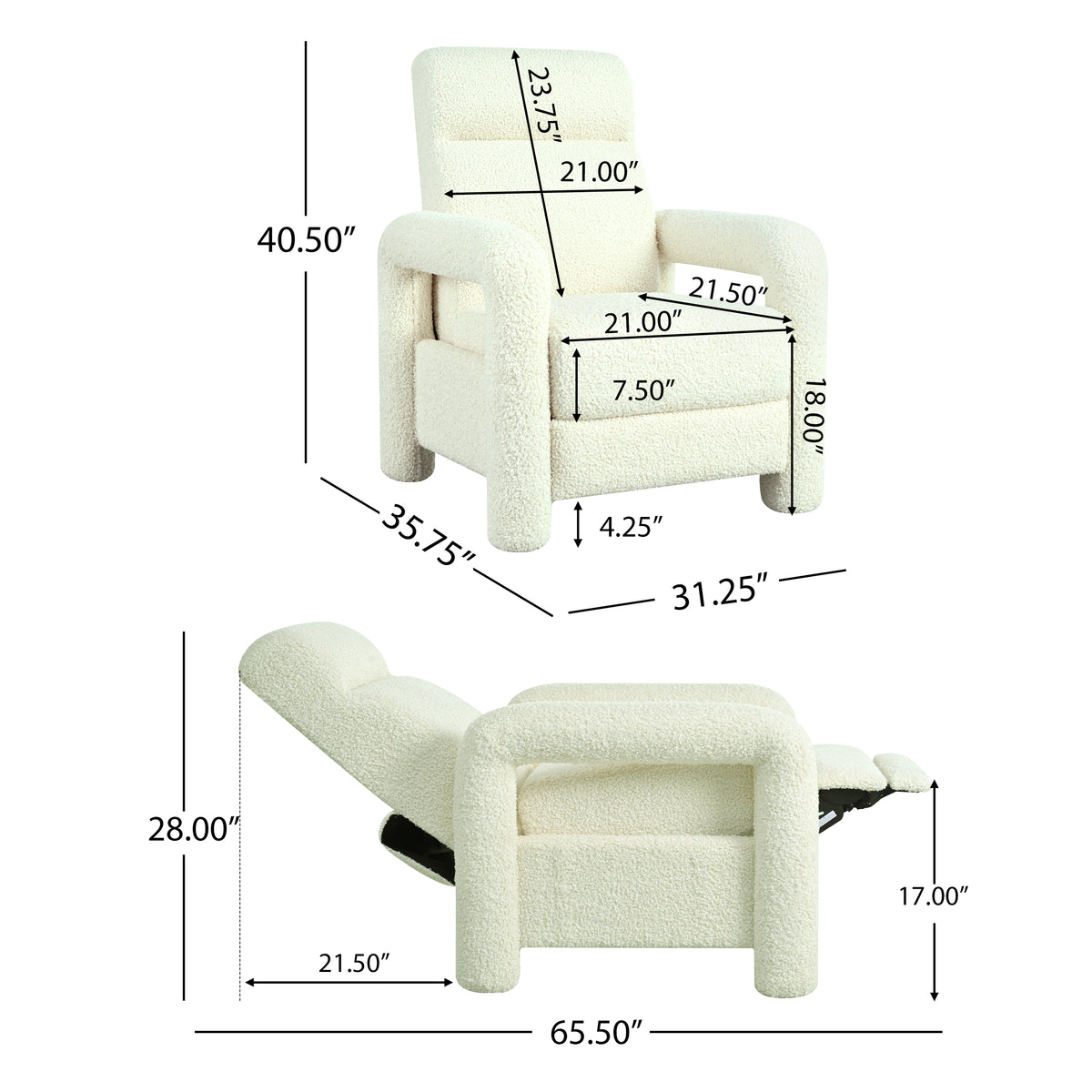 31.25" Push Back Recliner Armchair Upholstered Recliner Chair Single Sofa With Adjustable Backrest For Living Room, Beige Beige Teddy