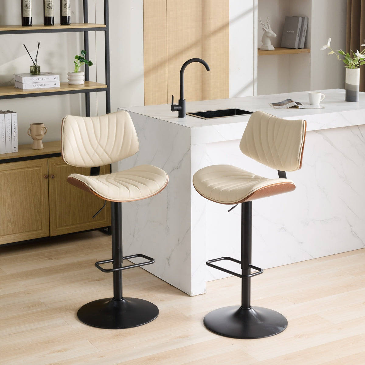 Walnut Bentwood Bar Stools Mid Century Modern Adjustable Counter Height Black Leather Upholstered 360 Swivel Bar Chairs For Kitchen Island Dining Room Cafe, 1 Chair 1Carton,Beige Beige American Design 1 Foam Pu Leather