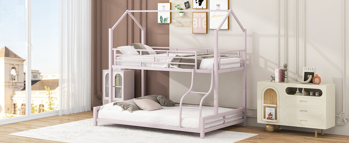 Metal House Bunk Bed, Twin Over Full, Pink Full Pink Metal