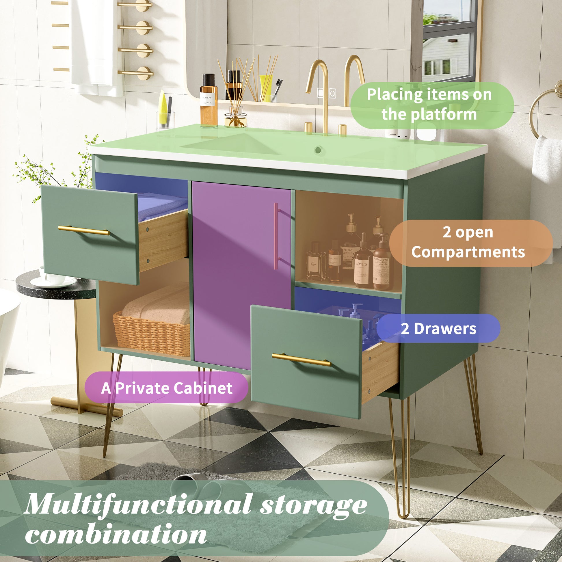 36'' Bathroom Vanity With Resin Sink Combo Set, Modern Freestanding Single Bathroom Cabinet With 2 Drawers & 2 Storage Compartments, Storage Cabinet For Bathroom, Solid Wood Frame Vanity Set, Green Green Bathroom Modern Mdf