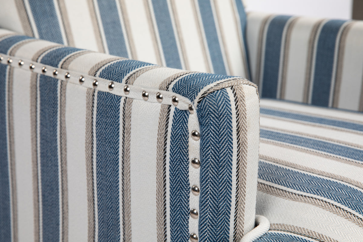 Upholstered Accent Chair, Vintage Armchair With Blue And White Striped Linen Fabric And Trim For Living Room Blue Cotton