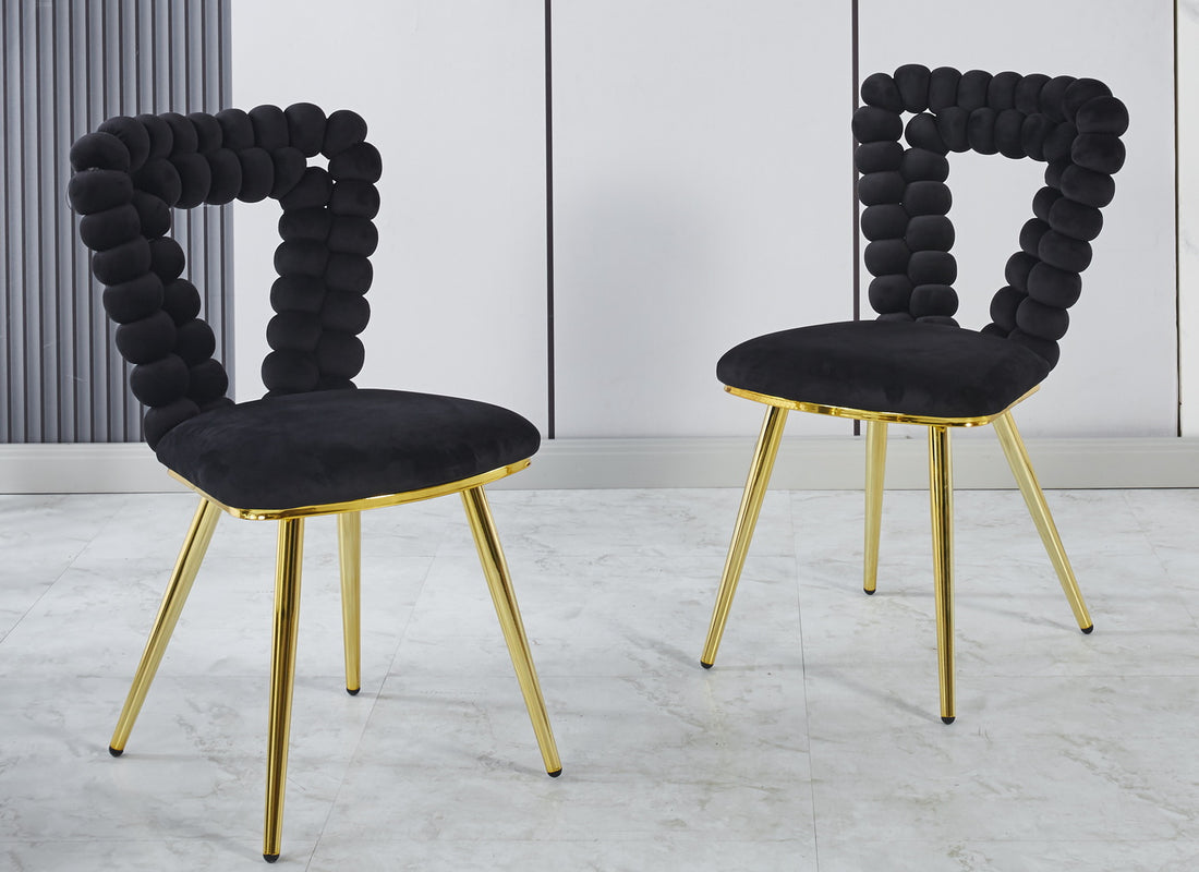 Modern Chair Set Of 2 With Golden Color Iron Tube Legs, Black Soft Cushions And Comfortable Backrest, Suitable For Dining Room, Living Room, Cafe,Hairball Back Gold Black Fabric