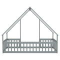Twin Wood House Shaped Floor Bed With Fence, Guardrails ,Grey Twin Grey American Design Pine
