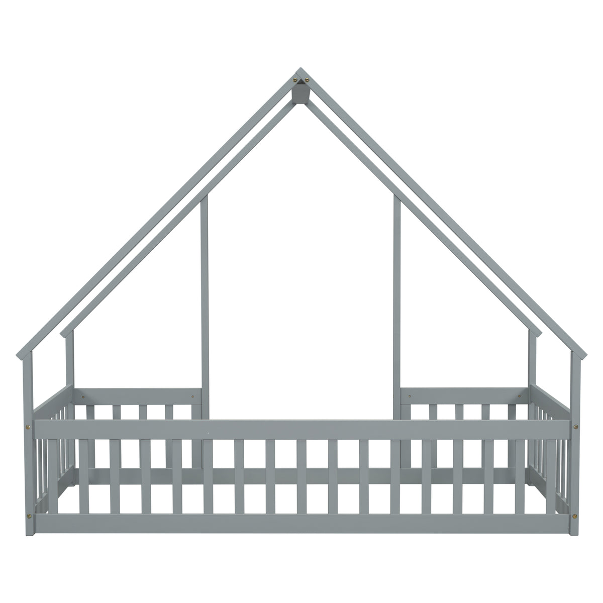 Twin Wood House Shaped Floor Bed With Fence, Guardrails ,Grey Twin Grey American Design Pine