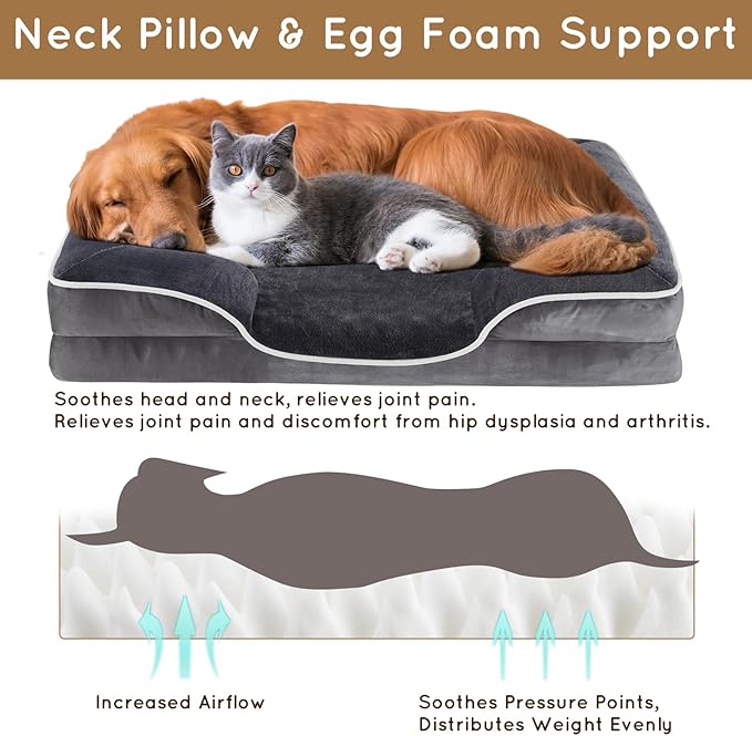 28'' Orthopedic Dog Bed For Medium Dog, Memory Foam Dog Bed, Egg Crate Foam Dog Couch Bed With Washable Removable Cover, Grey Grey Faux Fur