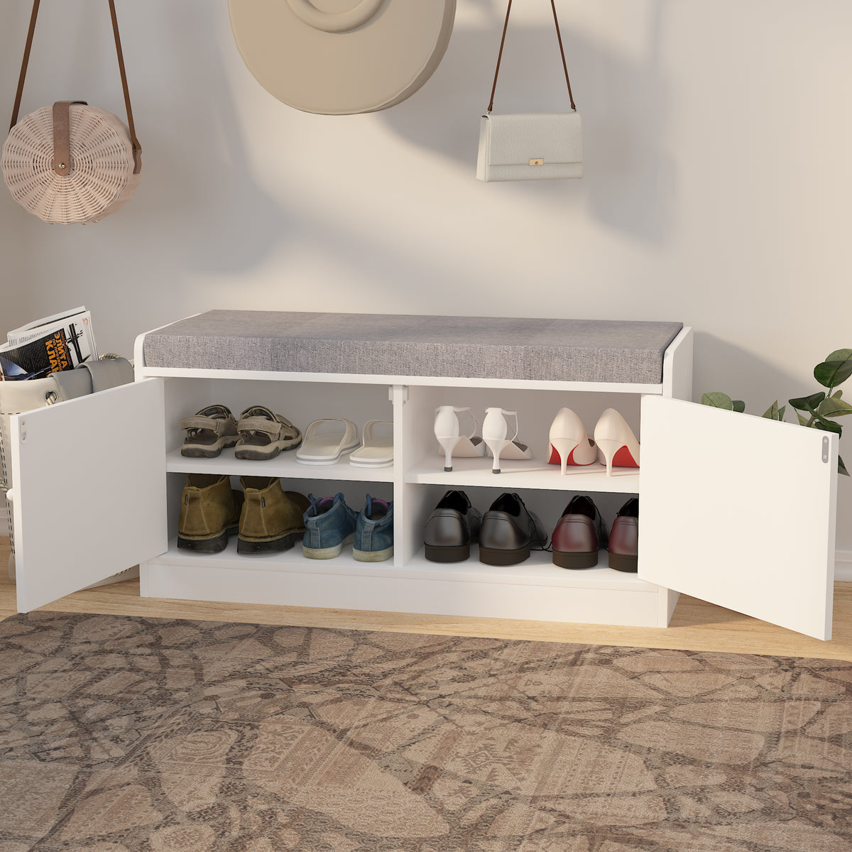 Shoe Storage Bench With 2 Door Cabinet, Entryway Bench With Shoe Storage, Shoe Bench With Cushion, Adjustable Shelves, Shoe Rack Bench For Entrance, Hallway, Bedroom, White Gray White Gray White