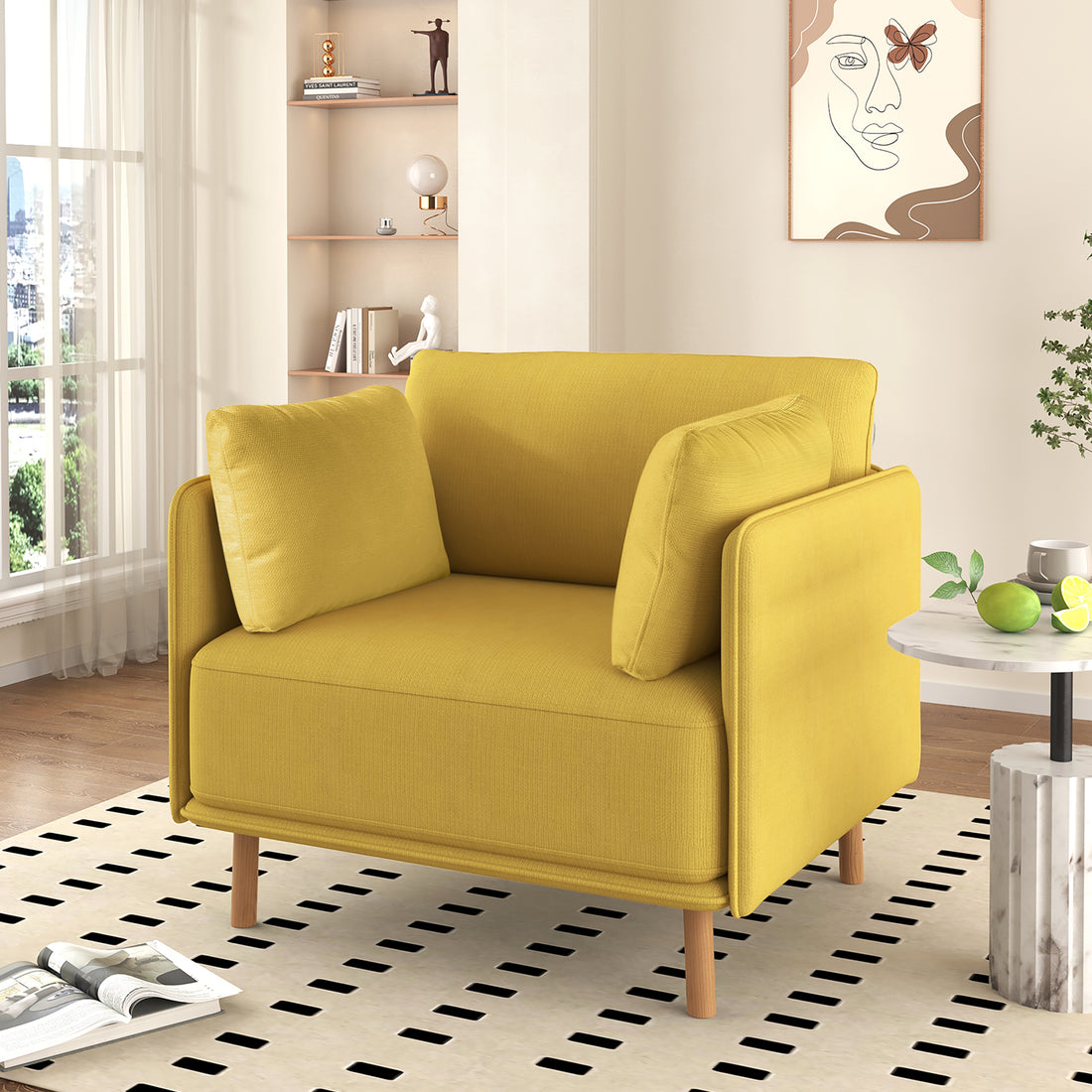 39" Modern Upholstered Accent Chair With Soft Cushions, Sleek Armrest Design And Sturdy Wooden Legs, Cozy Seating For Living Room, Bedroom, Or Office Lounge Yellow Metal,Polyester,Solid Wood Mdf