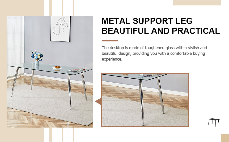 Table And Chair Set.Modern Rectangular Glass Dining Table With A Tempered Glass Tabletop And Silver Metal Legs, Paired With Multiple Chairs Designed With Pu Cushions And Silver Metal Legs. Silver White Seats 8 Tempered Glass