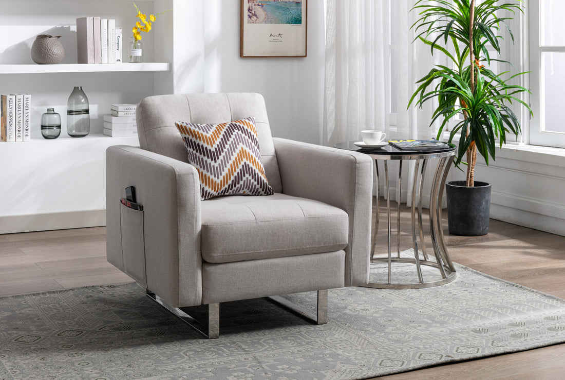 Victoria 33.5" Beige Linen Fabric Armchair With Metal Legs, Side Pockets, And Pillow Beige Linen