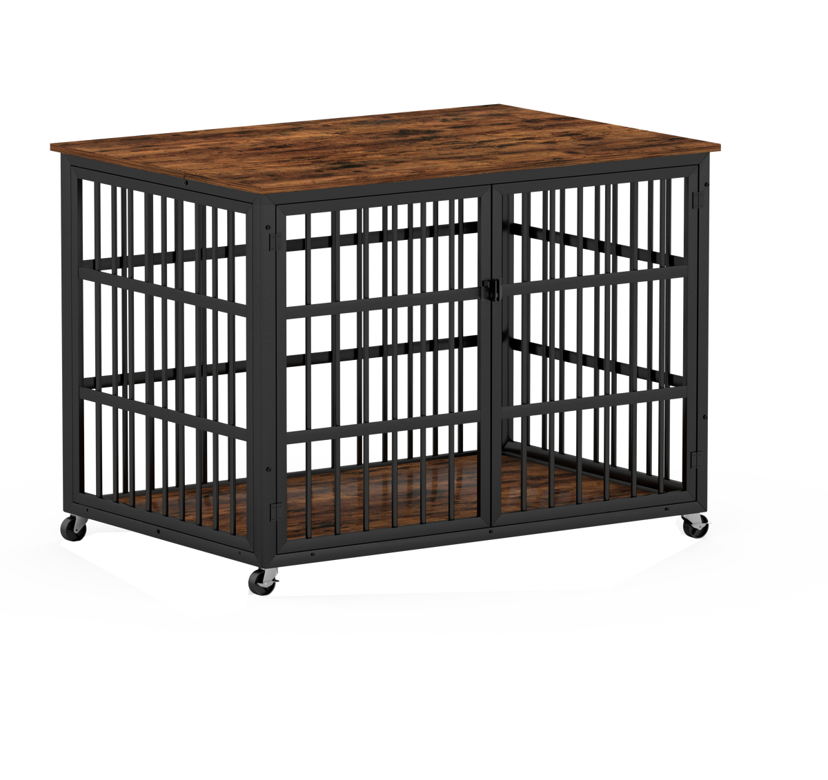 Furniture Style Dog Crate Wrought Iron Frame Door With Side Openings, Rustic Brown, 43.3''W X 29.9''D X 33.5''H. Rustic Brown Particle Board