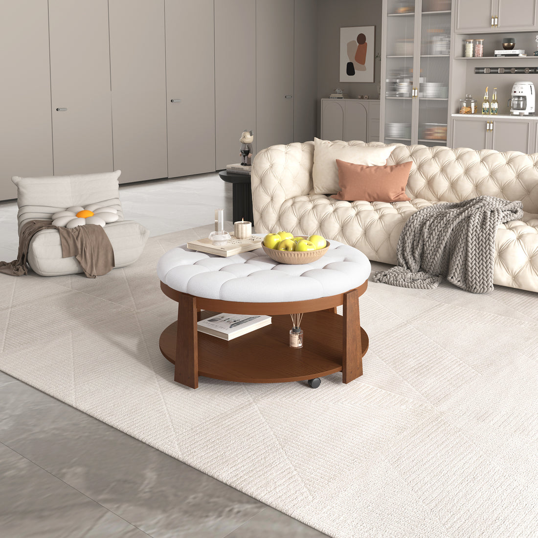Modern Large Round Ottoman Coffee Table 2 Tier Oversized Button Tufted Ottoman With Wood Shelf Storage Upholstered Coffee Table For Living Room Footrest Ottoman With Wheel, Waterproof Linen Ivory White Rubber Wood