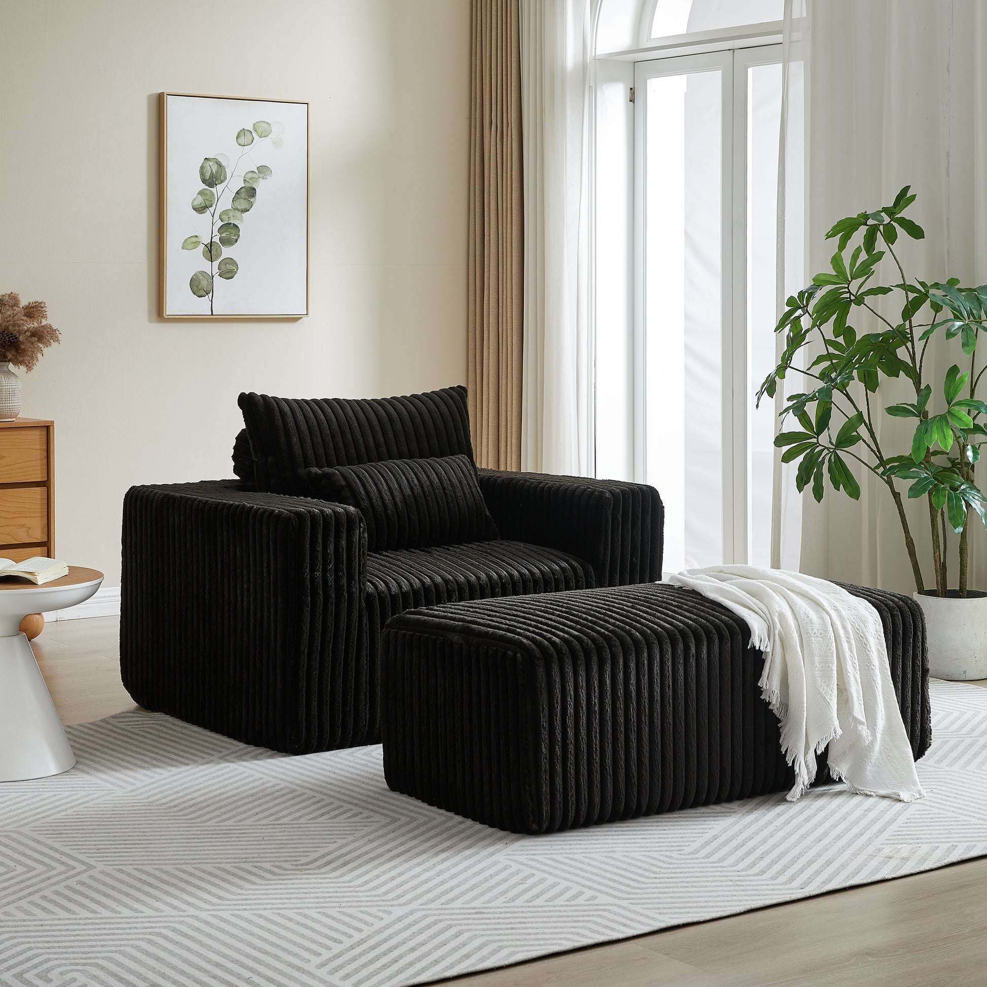 62.5 Inch Corduroy Sponge Sofa Lounge Chair With Removable Footrest,No Assembly Required,Fluffy Modern Sleeper Chair For Indoor Living Room Bedroom Black Foam Corduroy 1 Seat
