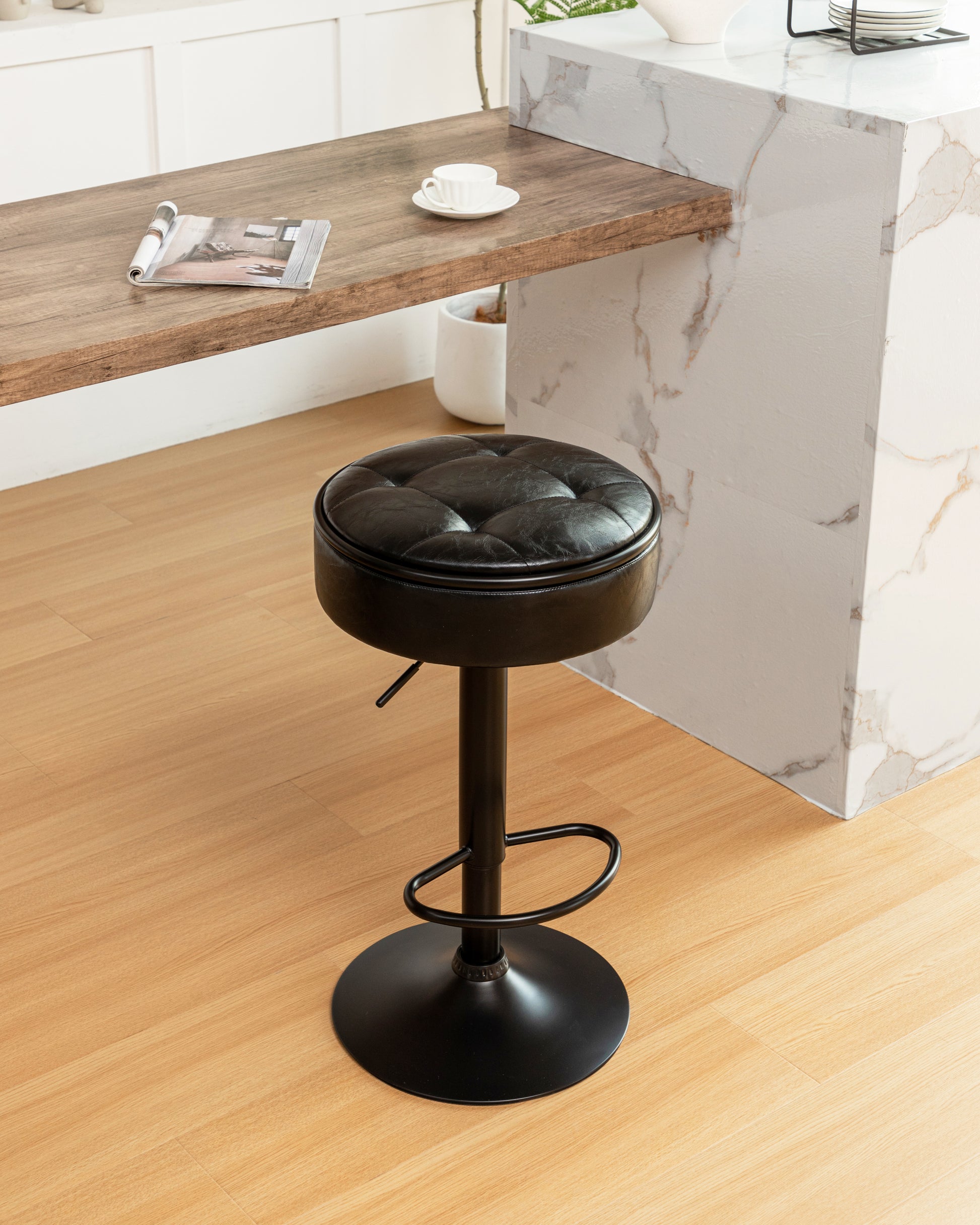 Round Storage Bar Stool Set Of 2, Black Faux Leather Height Adjustable Barstool, 360 Counter Height Swivel Stool, Armless Bar Chair With Metal Frame For Kitchen Counter Dining Living Room Black Set Of 2 Foam Pu Leather