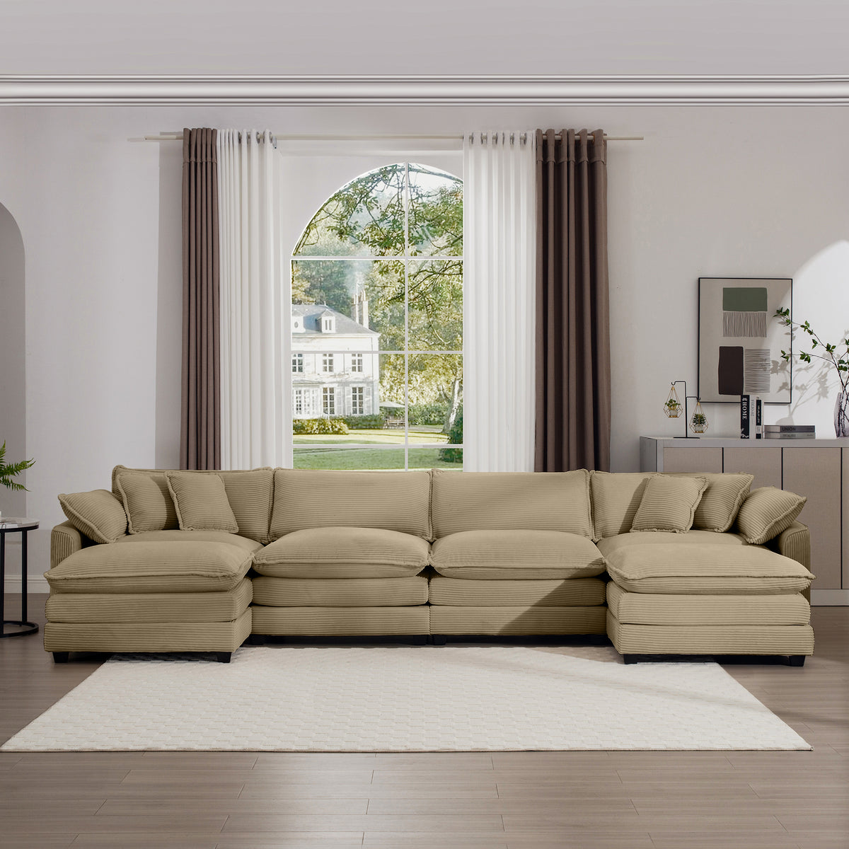 Corduroy Sofamodern Upholstered 4 Seater With 3 Footstools Corduroy Fabric Sofaoffice Living Room Apartment Comfortable Sofa, Easy To Assemble With 2 Arm Pillows And 4 Throw Pillows Tan Corduroy 4 Seat