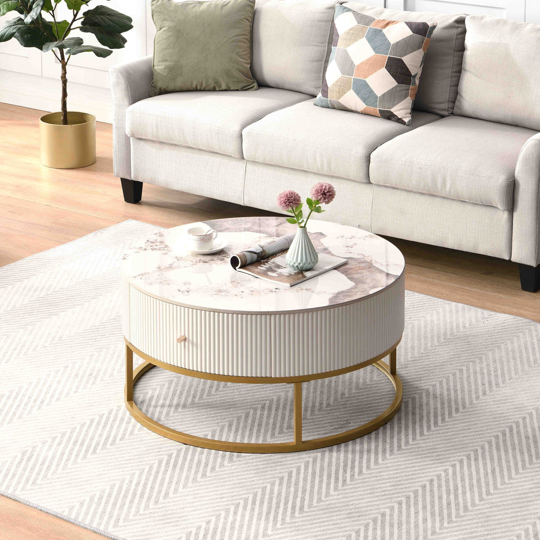 31.5 Inch Modern Round Coffee Table With Drawers, Marble Table With Storage, Coffee Table For Living Room White Coffee & End Tables Iron