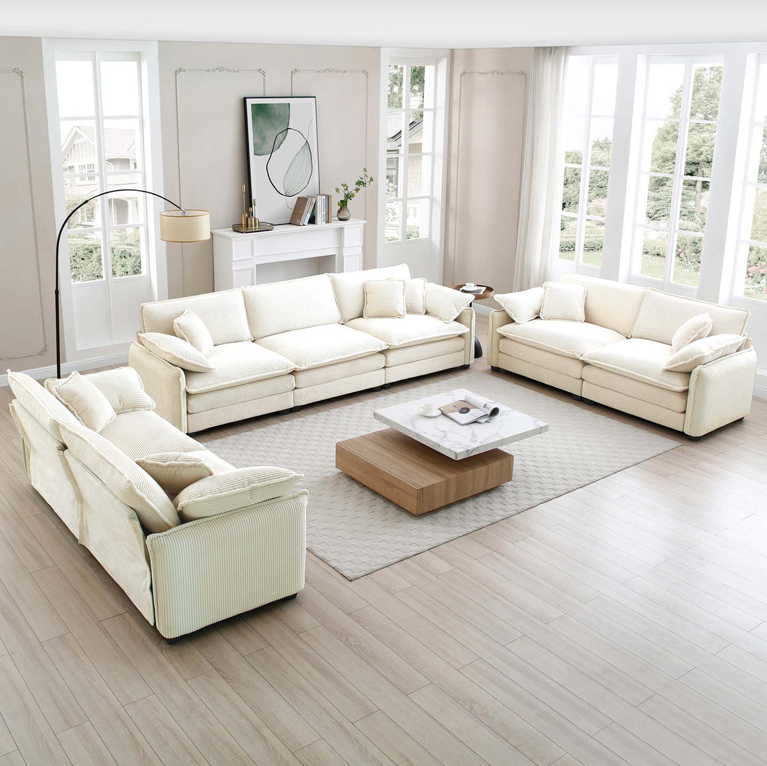 Modern Living Room Sofa 3 Pieces Set, Two 2 Seater Sofas And One 3 Seater Sofas, Upholstery Large Deep Seat Sofa With Sofat Cushion And Pillowss, Beige Corduroy Beige Corduroy 7 Seat