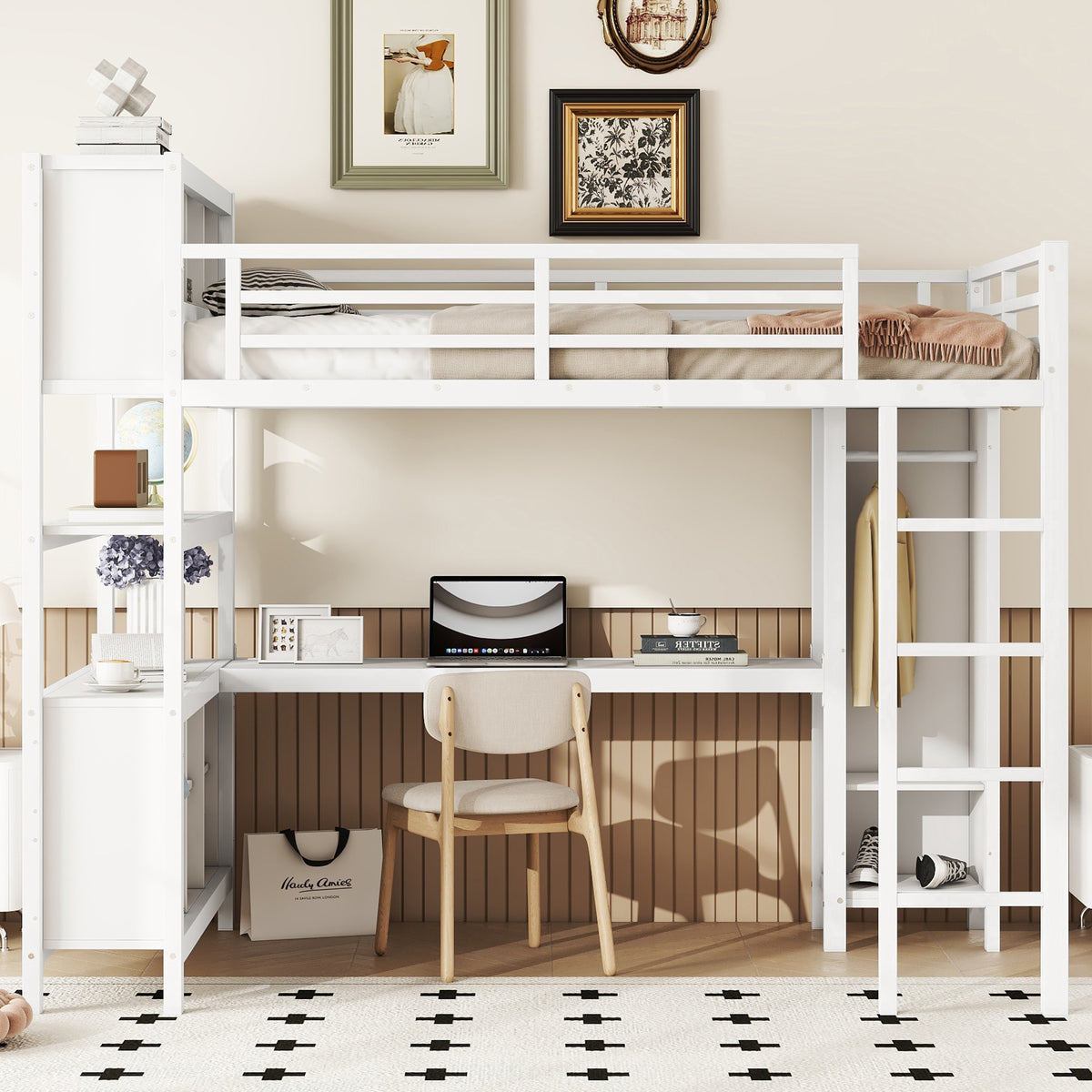 Metal Loft Bed With Wardrobe And L Shaped Desk, Full Size Loft Bed With Storage Cubes And Shelves, Heavy Duty Loft Bed For Kids Teens Adults, White Full Off White Metal
