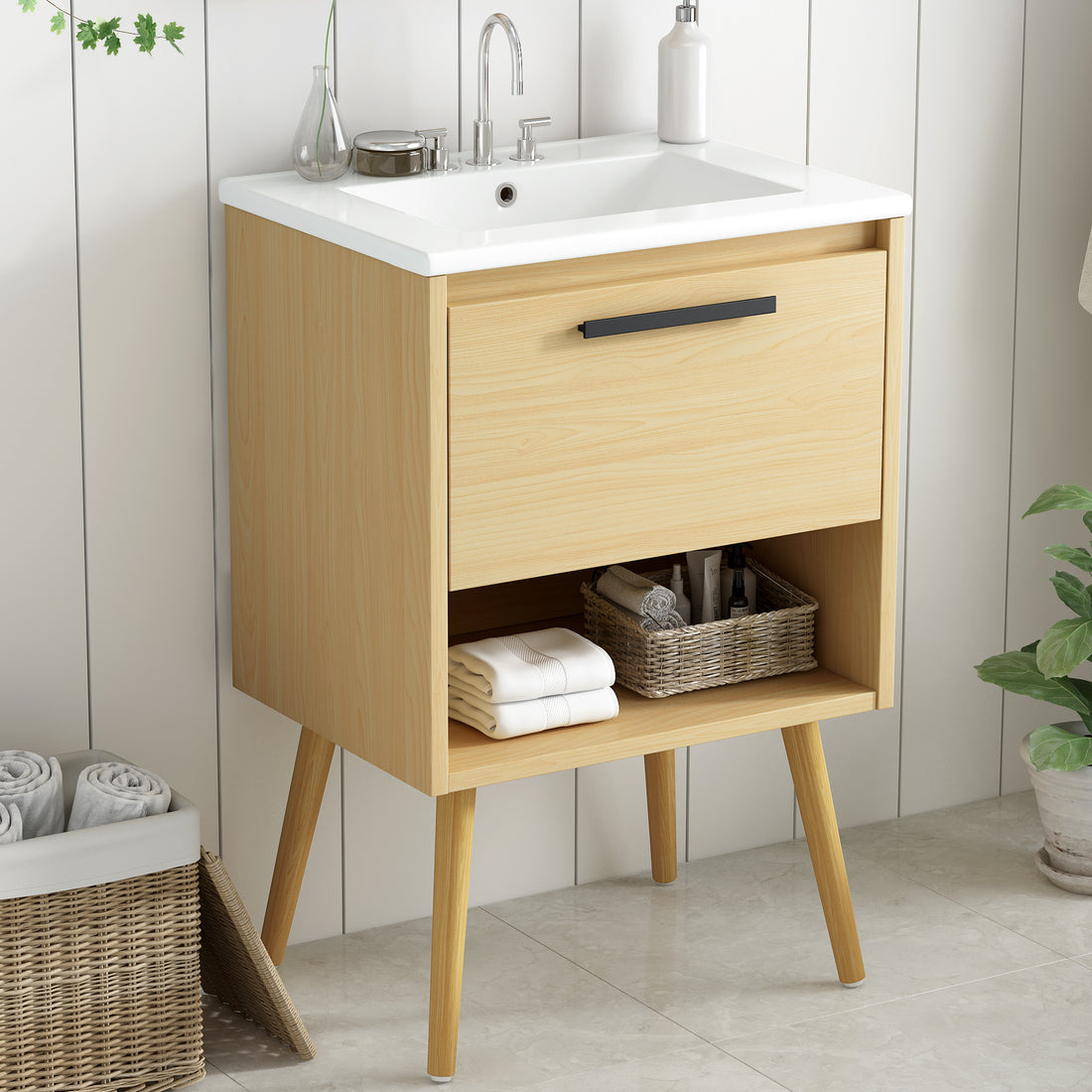 24" Bathroom Vanity With Sink Combo, Multi Functional Bathroom Cabinet With Drawer, Mdf Board, Natural Natural Solid Wood Mdf
