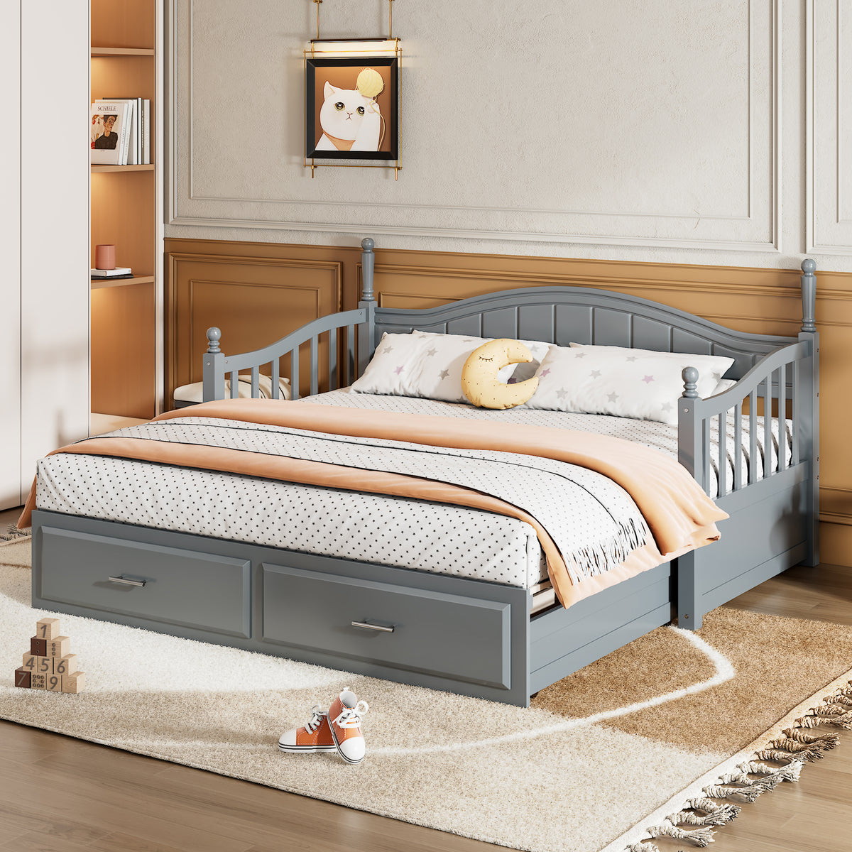 Wooden Twin Size Daybed With Twin Size Trundle, Extendable Daybed With Two Storage Drawers,Gray Expected Arrival Time:9.12 Twin Gray Wood