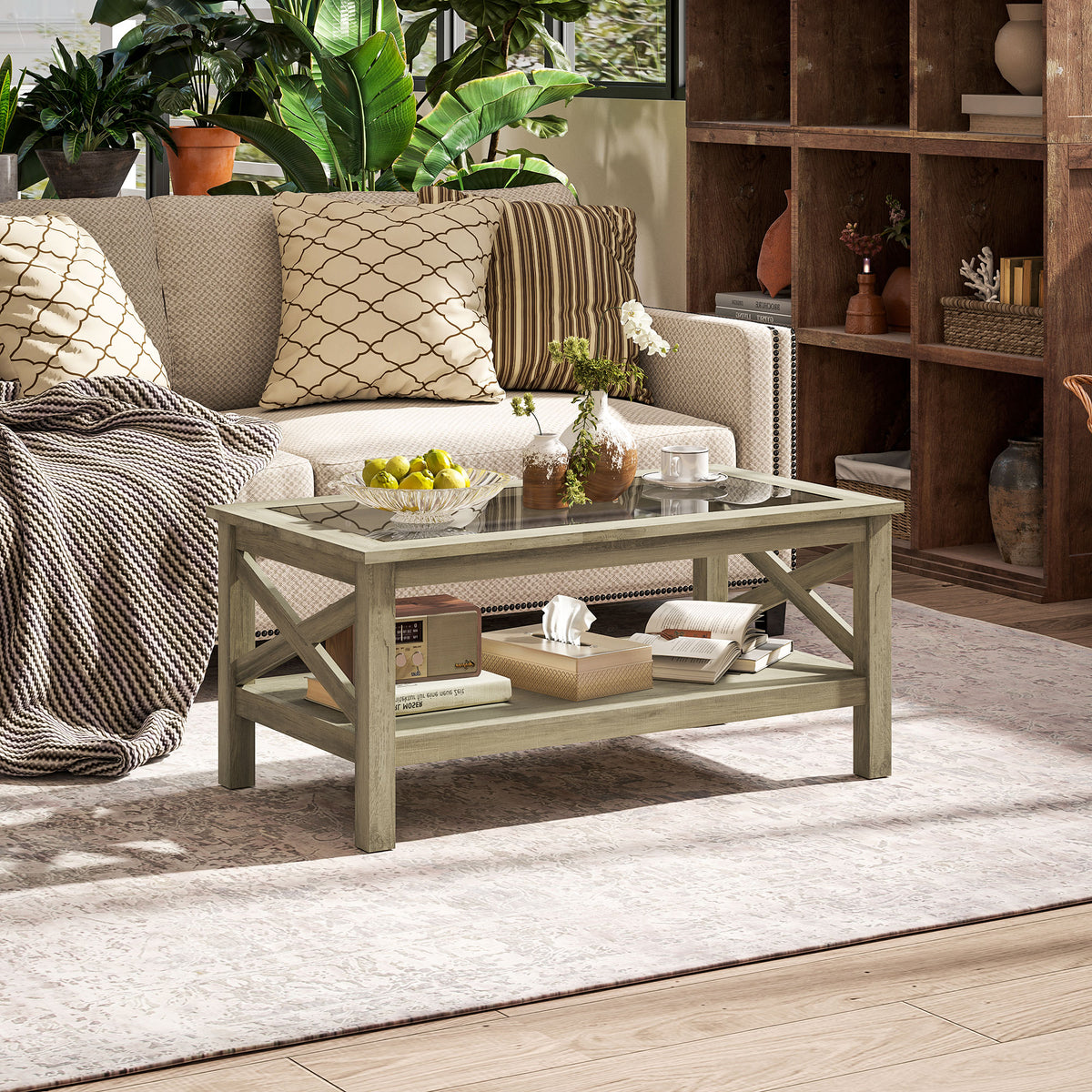 Homcom Glass Coffee Table, Modern Farmhouse Center Table With Storage, Side Table For Living Room With Classic X Bar Style Sides, Gray Gray Mdf