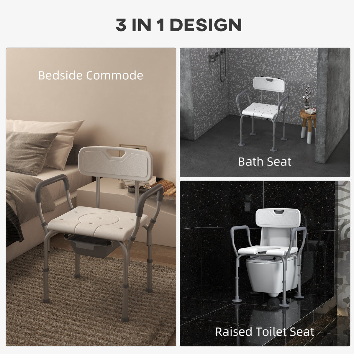 Homcom 3 In 1 Shower Chair With Back And Arms, Height Adjustable Bedside Commode, Raised Toilet Seat With Non Slip Rubber Foot Pad For Seniors, Disabled, White White Aluminum