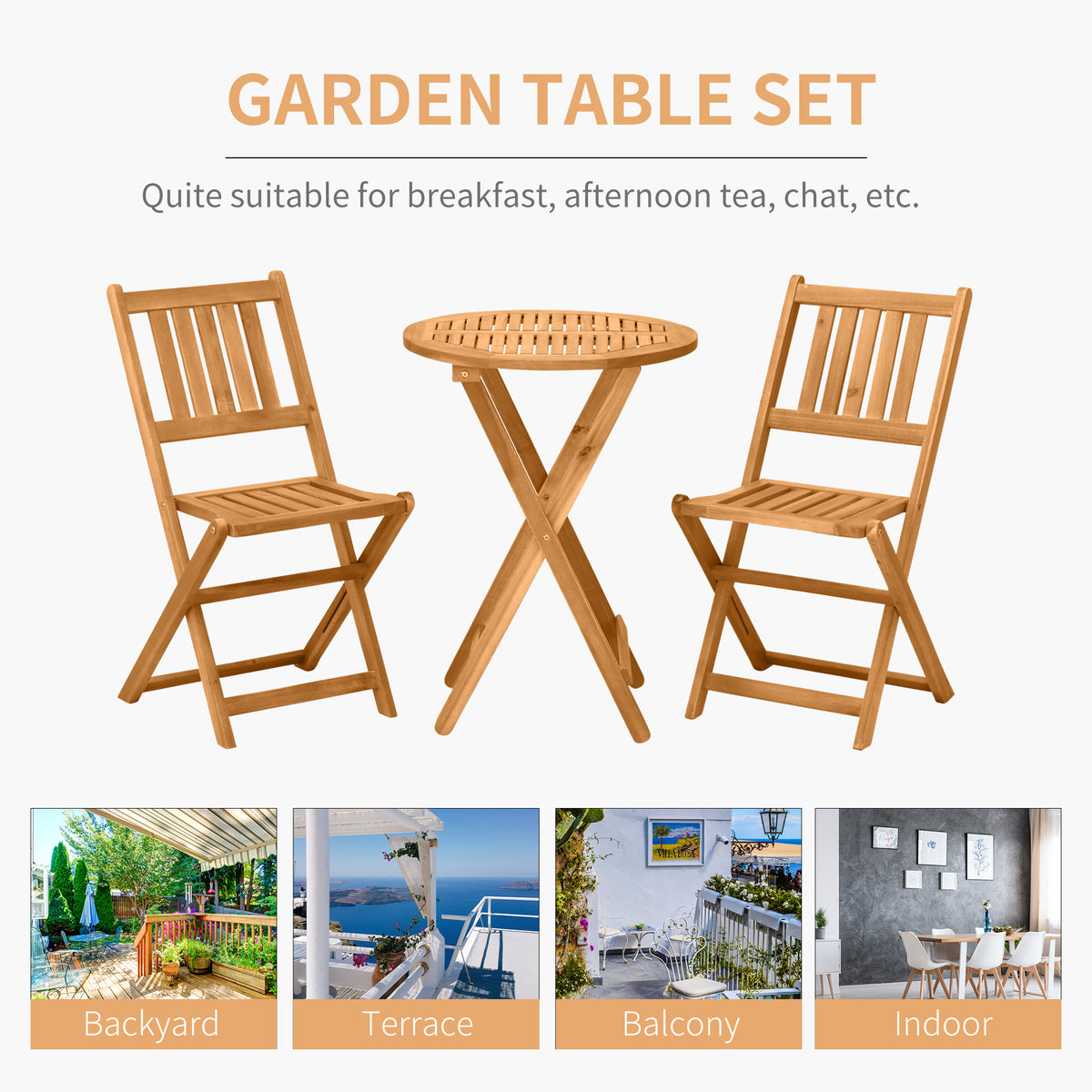 Outsunny 3 Piece Acacia Wood Bistro Set, Folding Patio Furniture With 2 Folding Chairs And Round Coffee Table, Teak, Slatted Finish, For Backyard, Balcony, Deck, Natural Natural Acacia Wood