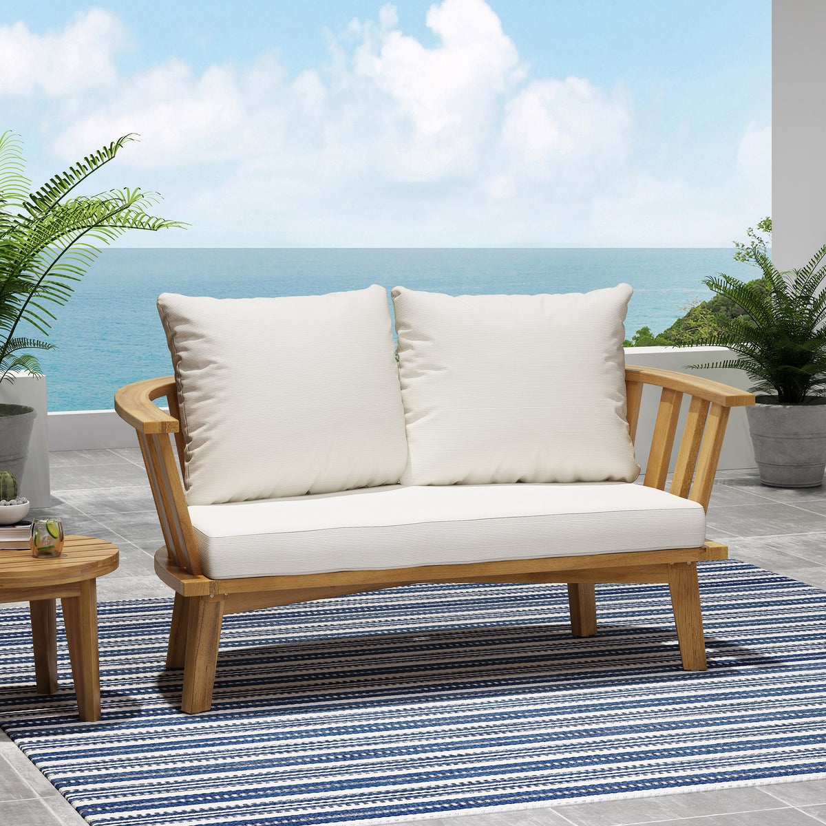 Outdoor Wooden Loveseat With Cushions White Teak 55.50" W X 27.00" D X 25.50" H Yes Teak Foam Acacia Wood
