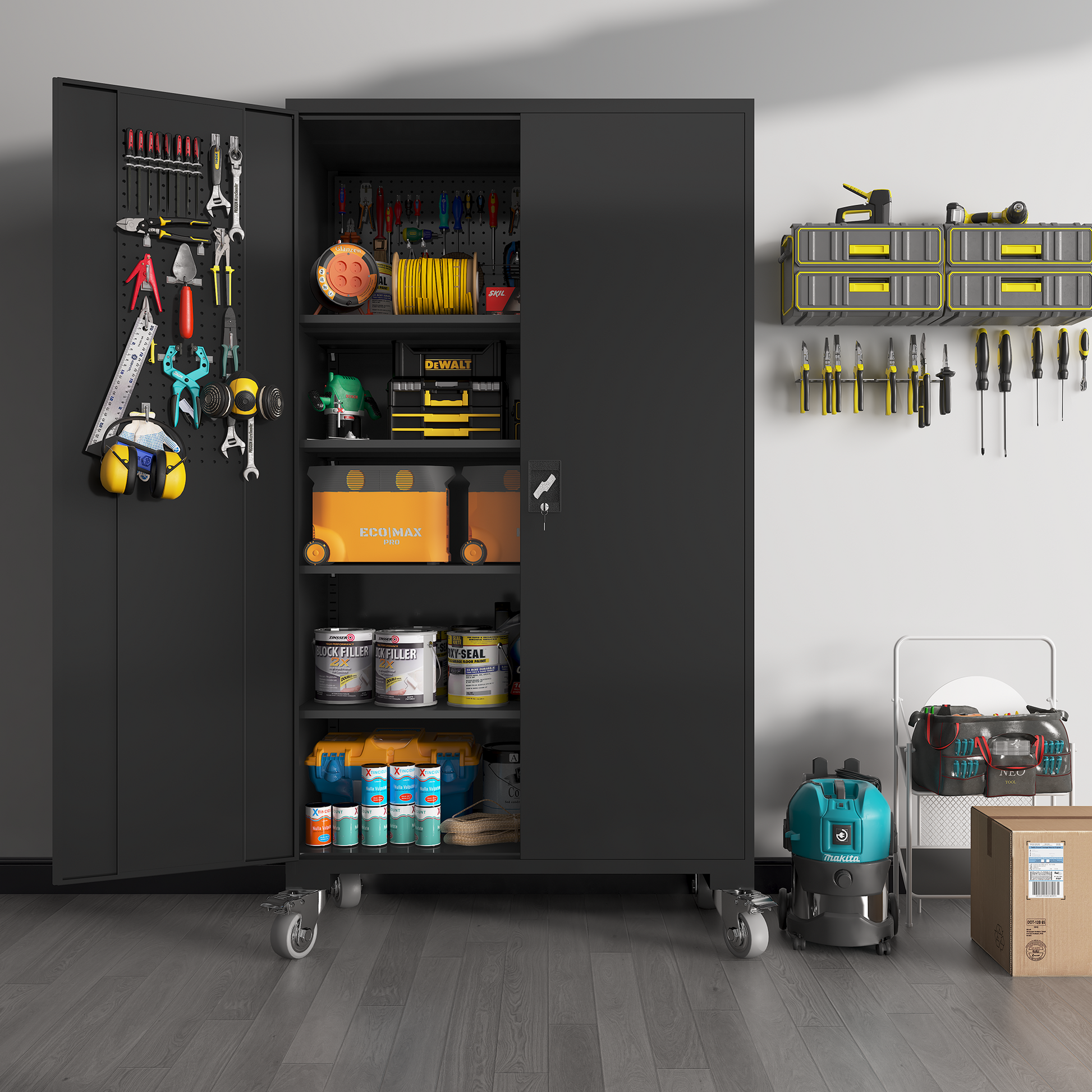 Upgraded Wide 39.37 Inch & Depth 19.69 Inch Metal Storage Cabinet 72 Inch Black Lockable Garage Cabinet With Wheels Heavy Duty Steel Cabinet With Doors & 4 Adjustable Shelves For Home, Office Black