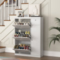 Shoe Cabinet,Freestanding Tipping Bucket Shoe Rack Organizer With 3 Flip Drawers,Entryway Narrow Shoe Storage With Adjustable Storage Shelf,Modern Slim Hidden Shoe Cabinet, White 5 Or More Spaces White Primary Living Space Particle Board
