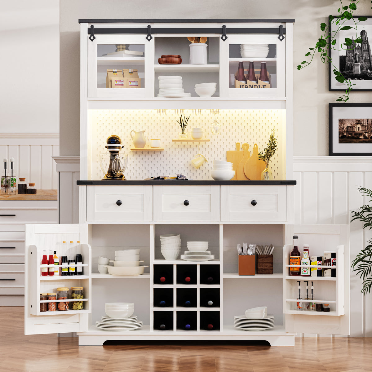 K&K 71" Farmhosue Pantry Bar Cabinet With Internal Storage Rack,Kitchen Cabinet With Hutch,Sliding Door,Power Outlet,Pegboard,Wine & Glasses Rack,3 Drawers,Rustic Coffee Bar Storage Cabinet,White Oak White Oak White Kitchen American Design,American