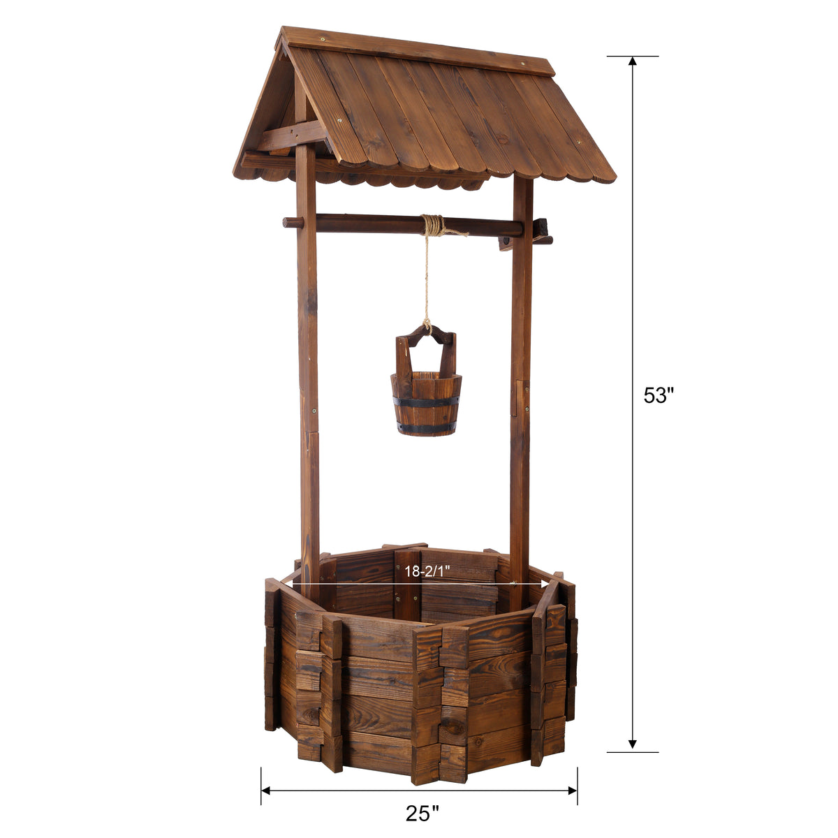 Rustic Wooden Wishing Well Planter Outdoor Home D Cor For Patio, Garden, Yard W Hanging Bucket Brown Wood