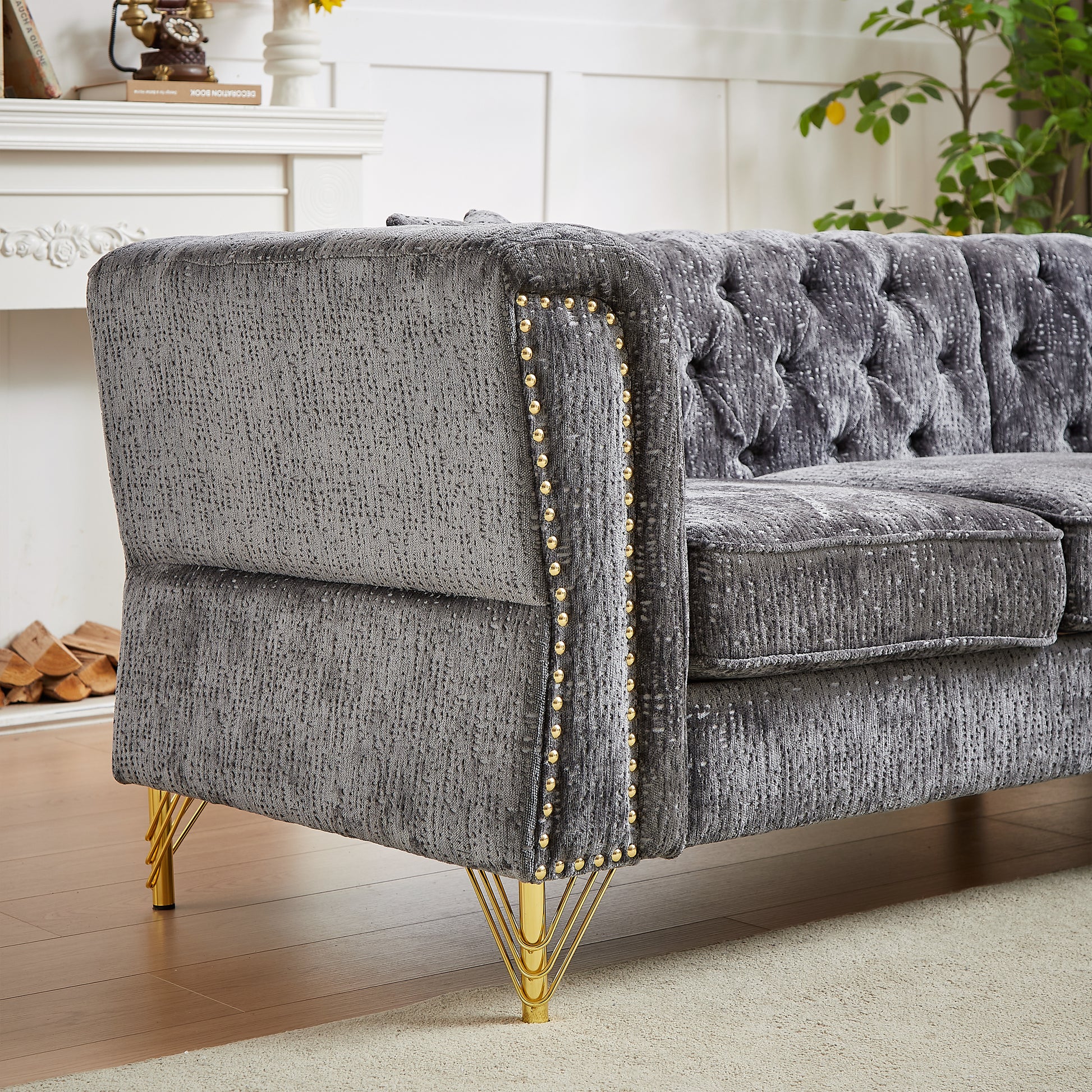 81.5 Inch Chenille Corner Sofal Shaped Sectional Couch, 5 Seater Corner Sofas With 3 Cushions For Living Room, Bedroom, Apartment, Office Grey Foam Chenille 5 Seat
