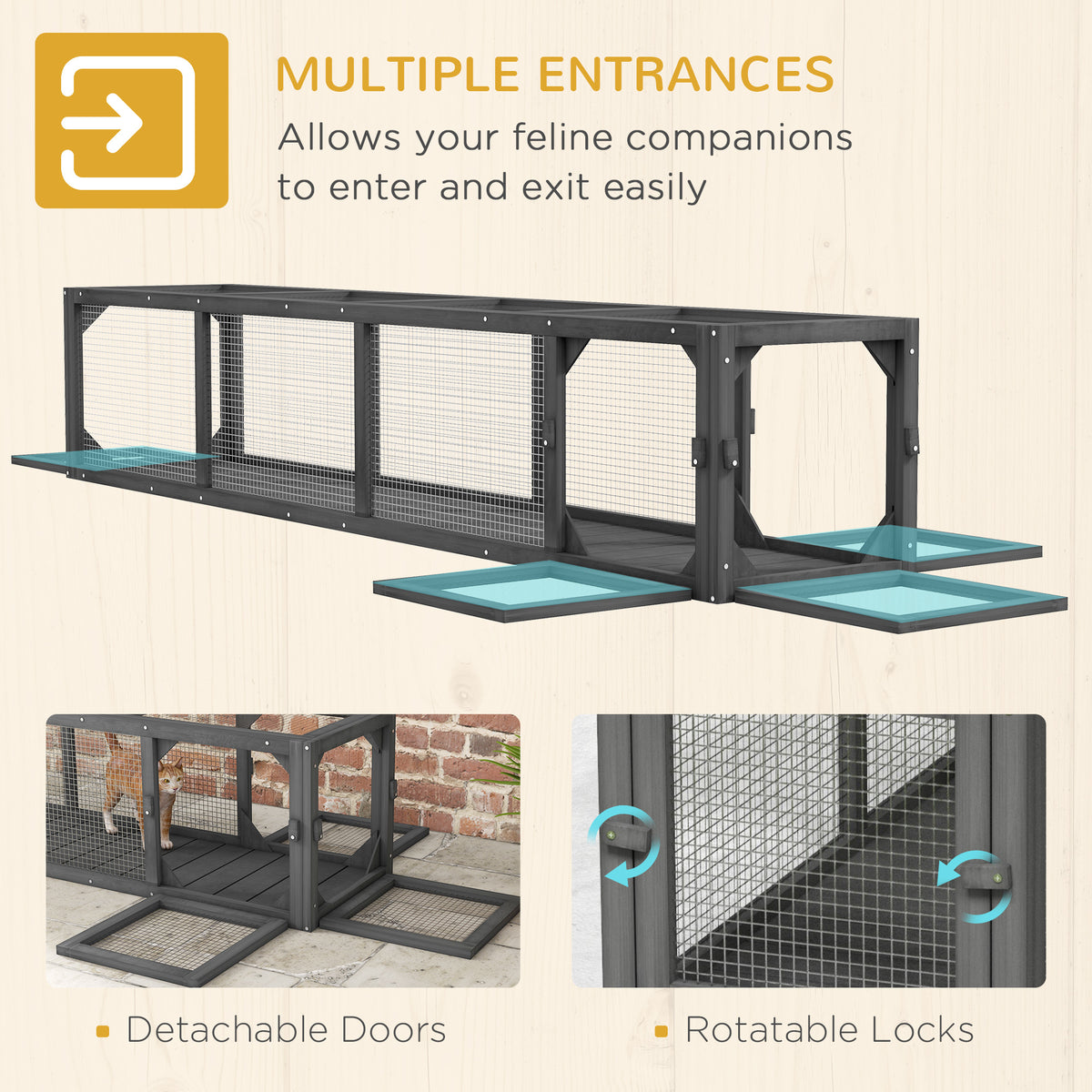 Pawhut Outdoor Cat Tunnel With Extendable Design, 79" L Wooden Cat Run With Weather Protection, Connecting Inside And Outside, For Deck Patios, Balconies, Dark Gray Grey Black Wood