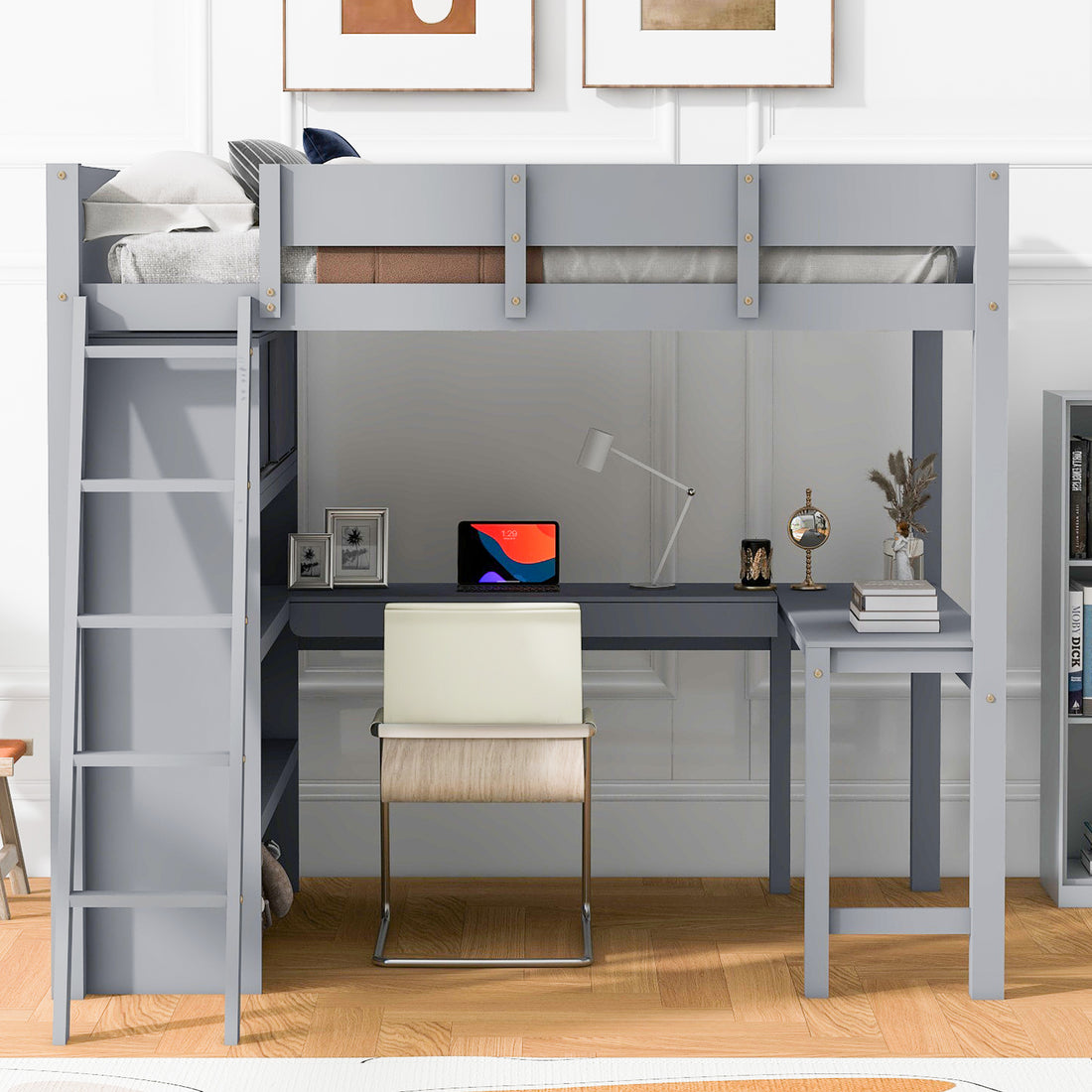 Full Size Loft Bed With Desk And Shelf Gray Full Gray Solid Wood
