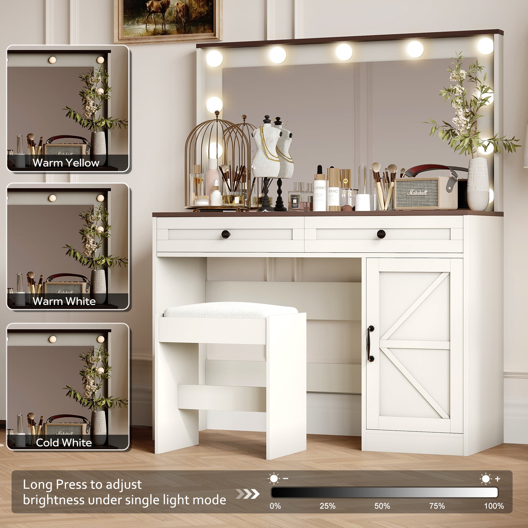 43.4"Makeup Vanity Table, Makeup Table With Large Mirror And 11 Led Lightbrightness Adjustable, Dressing Table Desk With 3 Drawers, Vanity Desk For Women White With Stool White Particle Board