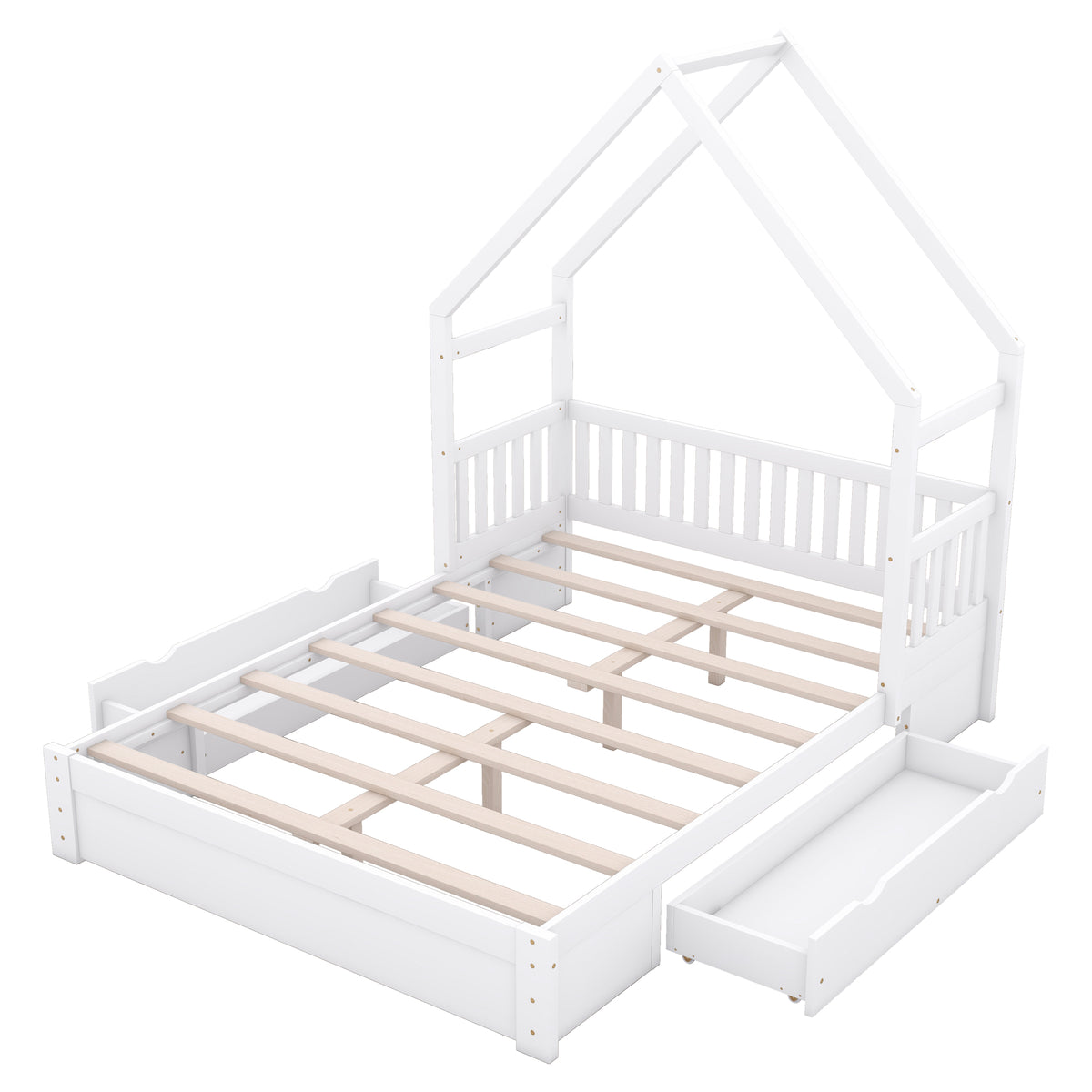 Wood Queen Size House Platform Bed With Guardrail And 2 Drawers, White Box Spring Not Required Queen White Wood Bedroom Bed Frame Solid Wood Mdf