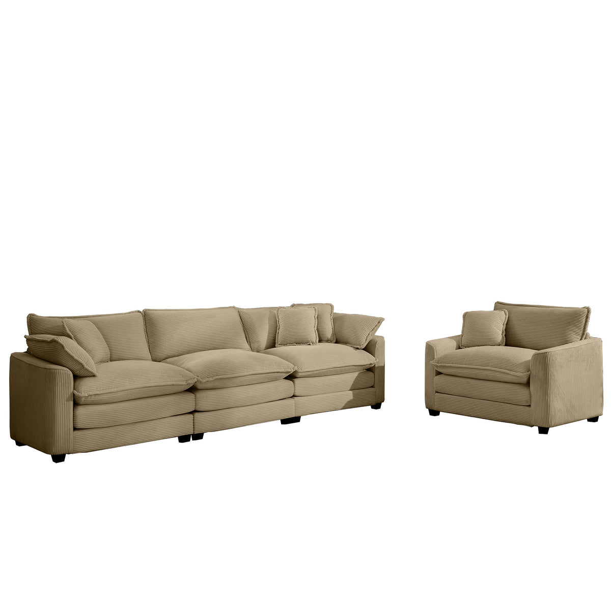 Mid Century Modern Sectional Set Of Two, One 3 Seater Sectional And One Single Seater Sectional With 2 Arm Pillows And 4 Throw Pillows, Living Room Sectional Tan Corduroy Fabric Tan Corduroy 4 Seat