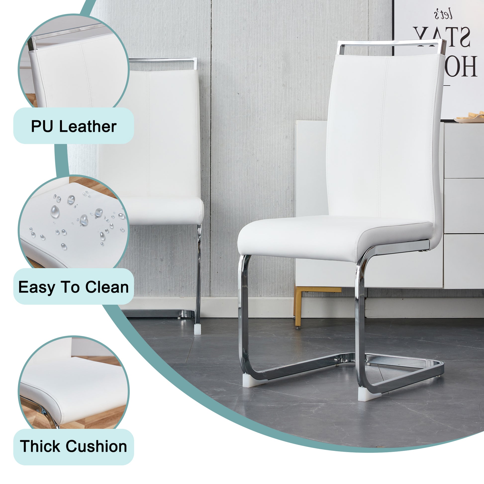 Table And Chair Set. Large Modern Rectangular Table With Glass Top And Silver Metal Legs. Furnished With Soft And Comfortable Pu Chairs With Faux Leather Upholstered Seats And Silver Metal Legs. White Silver Seats 6 Glass Metal